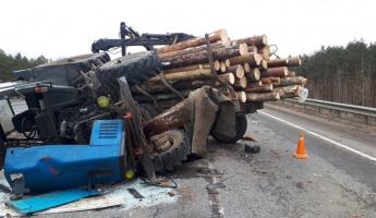 На трассе М5 фура врезалась в трактор, перевозивший бревна