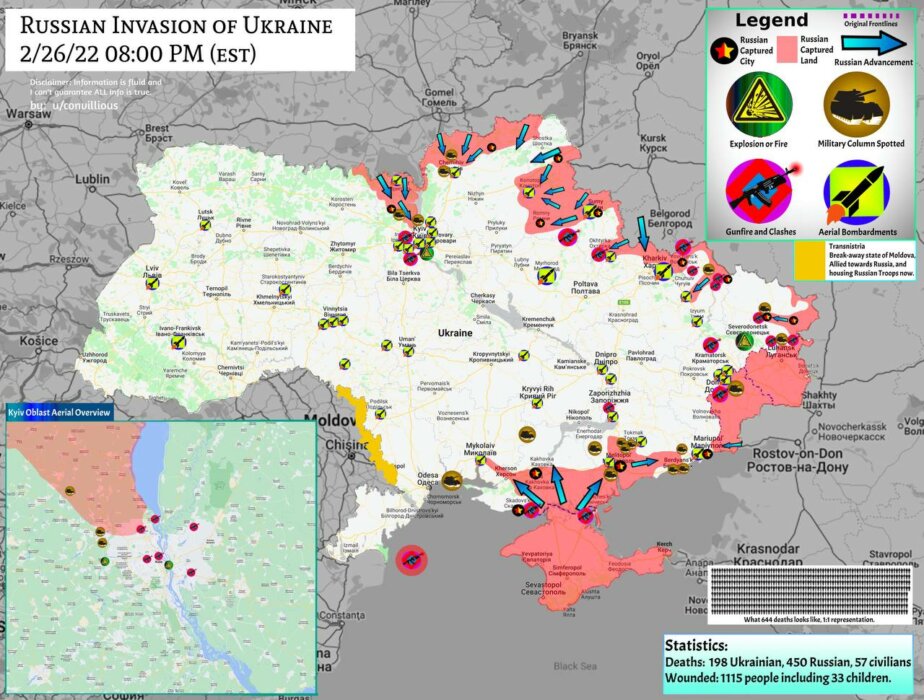 4-й день войны. Украина разгромила чеченцев и удержала все областные города. Русские атакуют. Карта