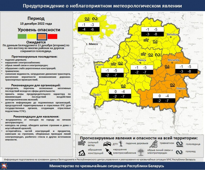 В половине Беларуси объявили оранжевый уровень опасности на 13 декабря