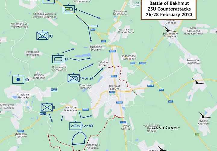 Карта контратак украинцев под Бахмутом