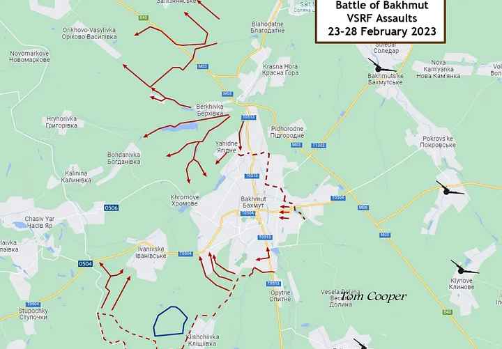 Карта наступления россиян на Бахмут, по версии австрийского военного аналитика Тома Купера.