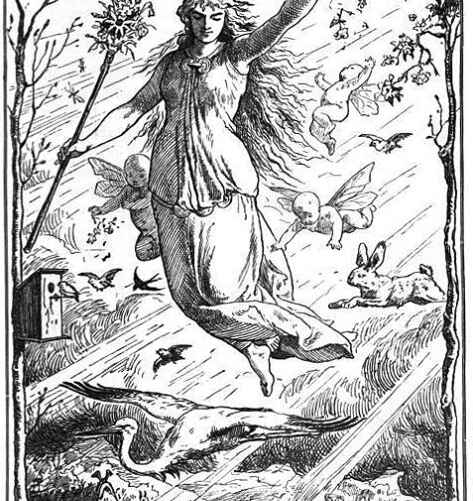 "Остара" (1901) Йоханнеса Гертса. Богиня Остра парит в небесах, окруженная замазкой в римском стиле, лучами света и животными. Германские народы смотрят на богиню снизу вверх из подземного царства