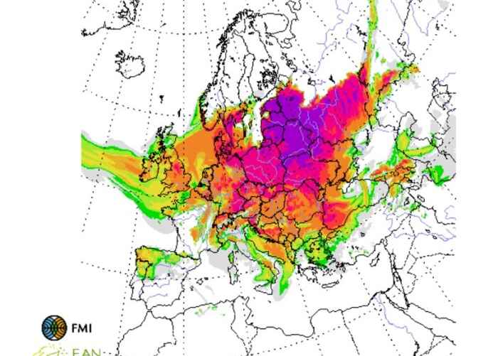 Фото: Карта концентрации пыльцы берёзы в воздухе