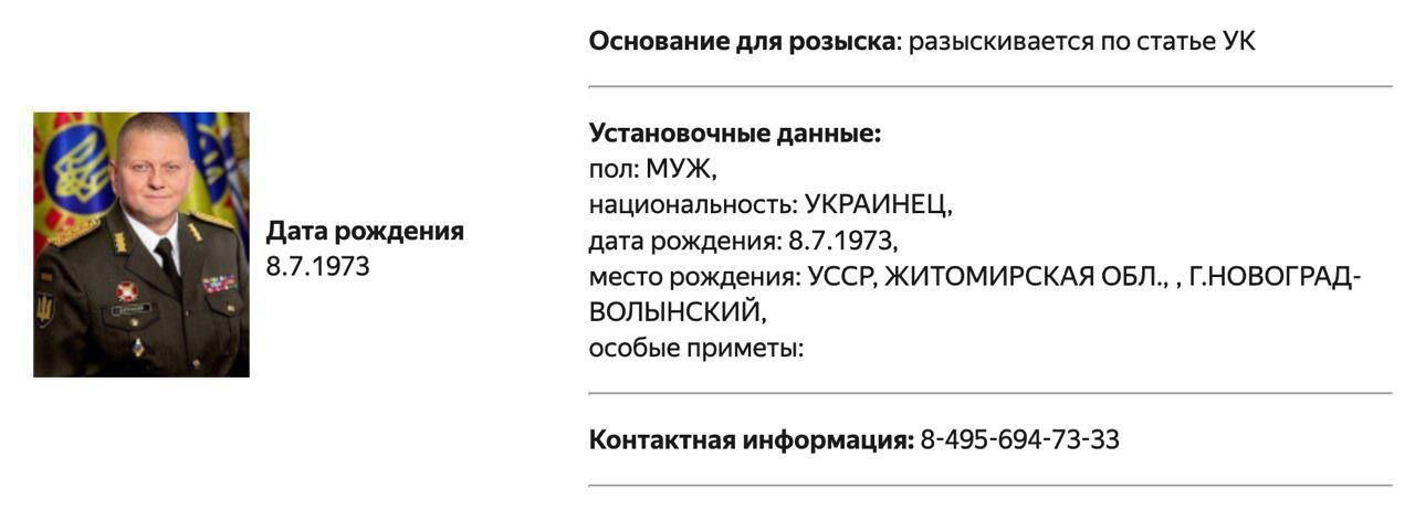 МВД РФ объявило в розыск главнокомандующего ВСУ Залужного