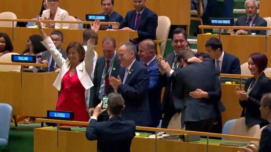 Словения празднует победу в голосовании, скриншот с видео