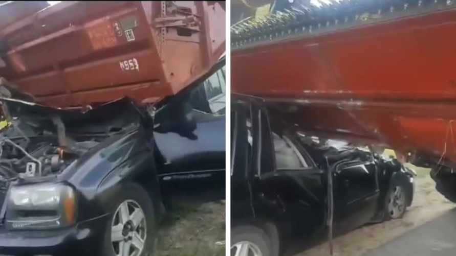 Что будет, если легковушка въедет в комбайн? В TikTok появилось видео ДТП под Речицей