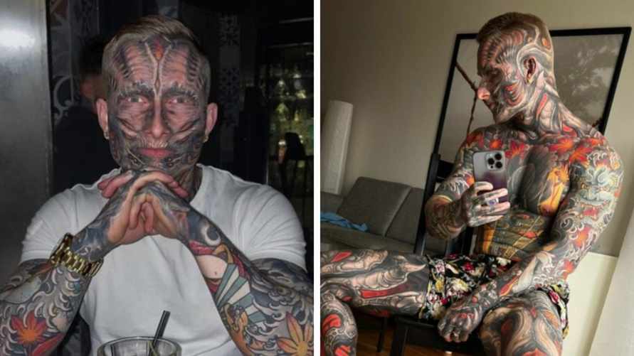 Этот мужчина "пугает женщин" своими лицом и телом. Как выглядел без татуировок?
