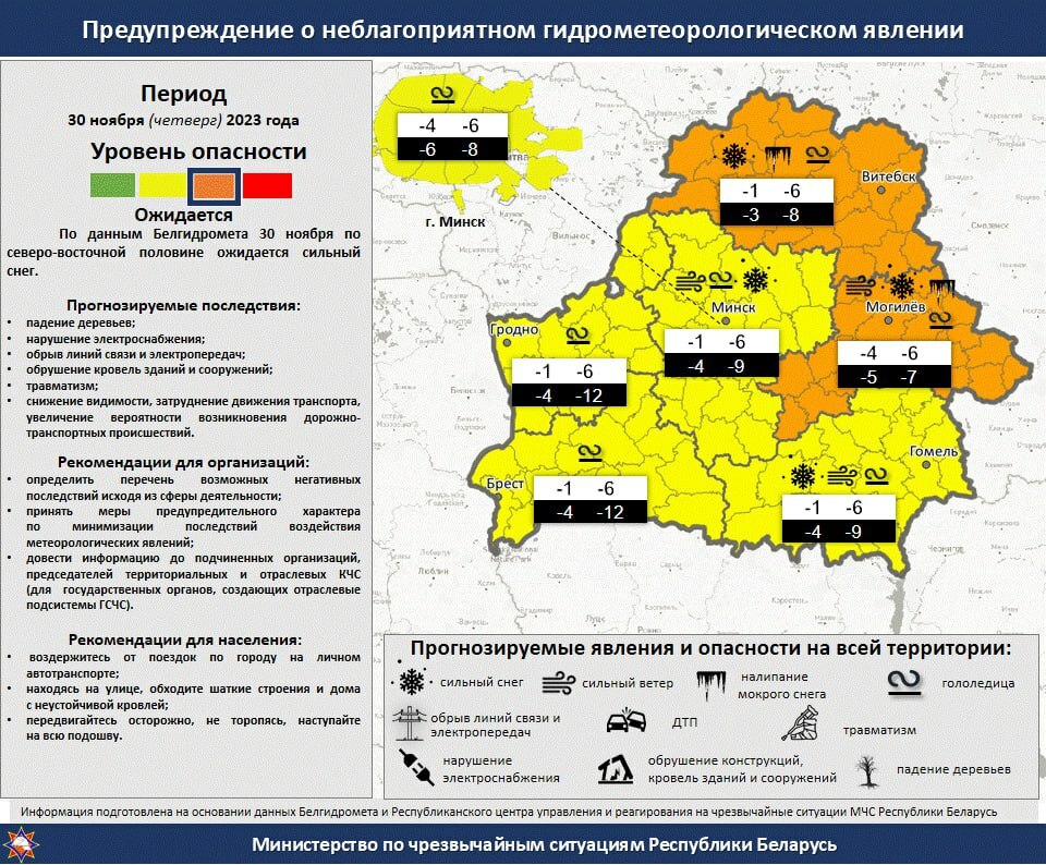 Где в Беларуси 30 ноября пообещали снегопады и метели? В МЧС объявили частичный оранжевый уровень