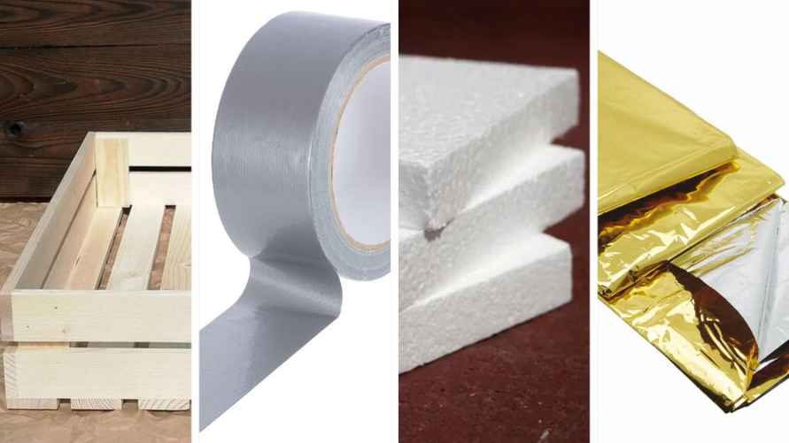 Ящик из-под фруктов, клейкая лента, пенополистирол, термоодеяло.