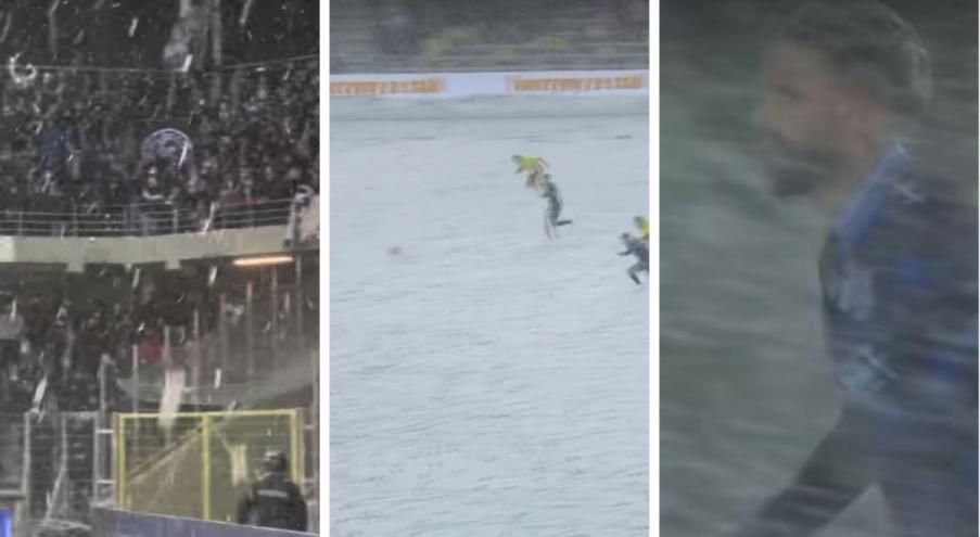 В условиях снегопада на футбольном поле «царил хаос»,