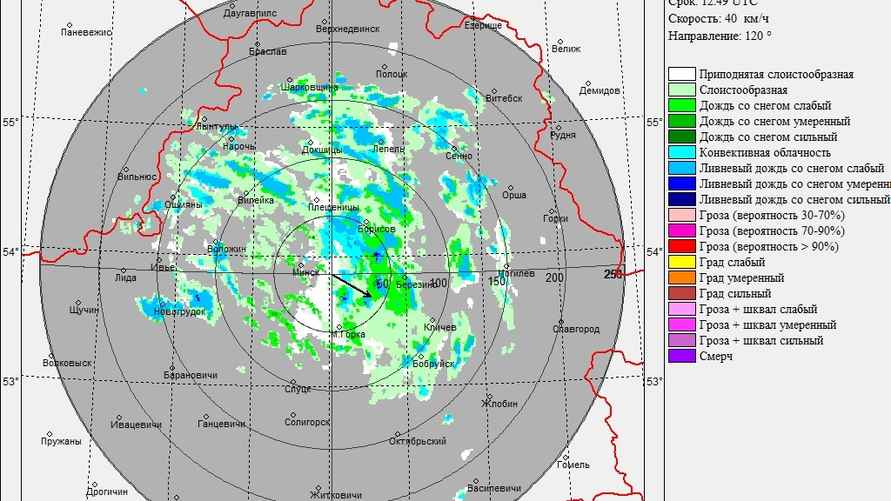 Метеданные, полученные Белгидрометом с помощью радара в Минске днём 25.01.2024