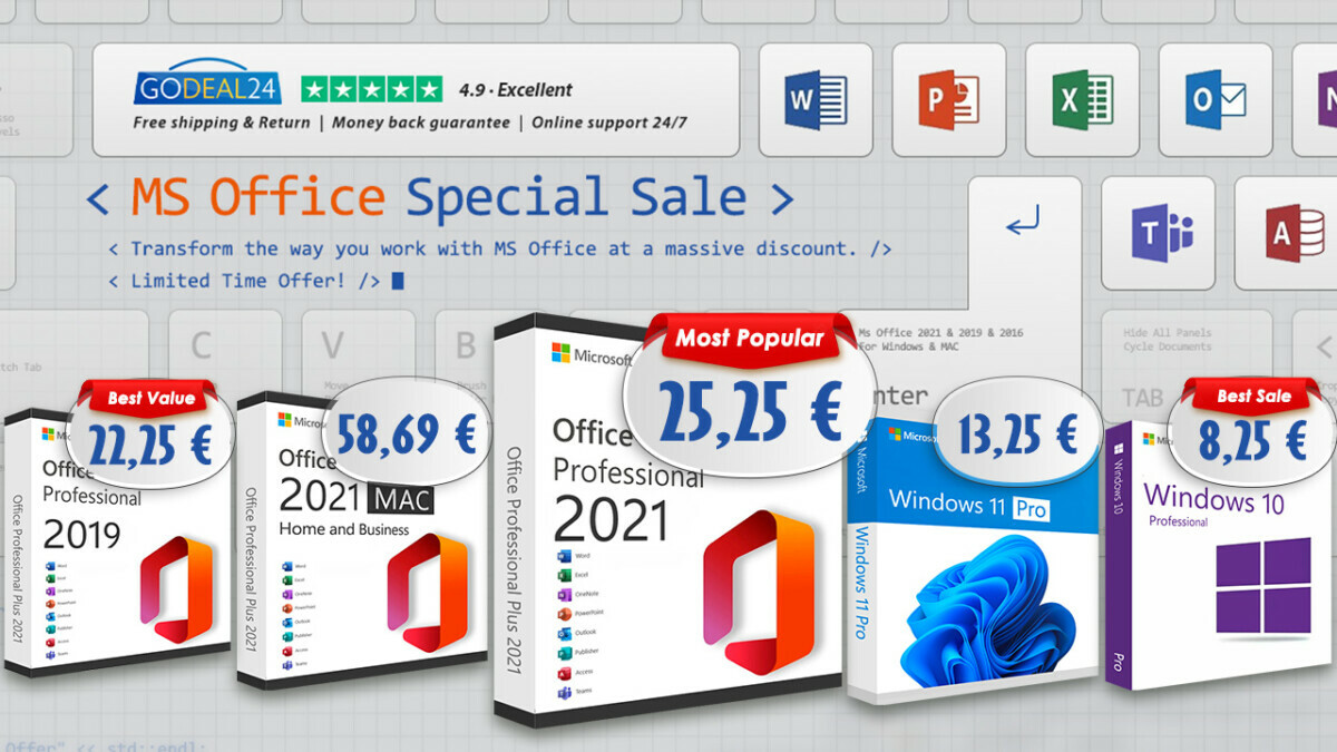 Обновите свой компьютер до Microsoft Office 2021 (пожизненно!) и Windows 11 (от 10 € ) на распродаже офисных приложений Godeal24!