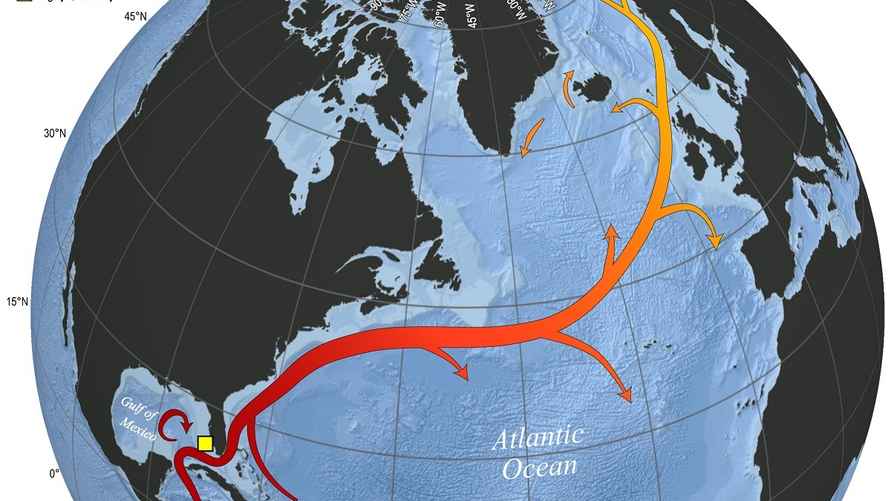 Карта северной части Атлантического океана, показывающая примерный путь системы Гольфстрим/Северо-Атлантическое течение.