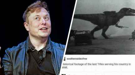 «Это правда, мой дедушка был там» — Илон Маск опубликовал фото тираннозавра на Первой мировой войне. Подписчики «подтвердили»