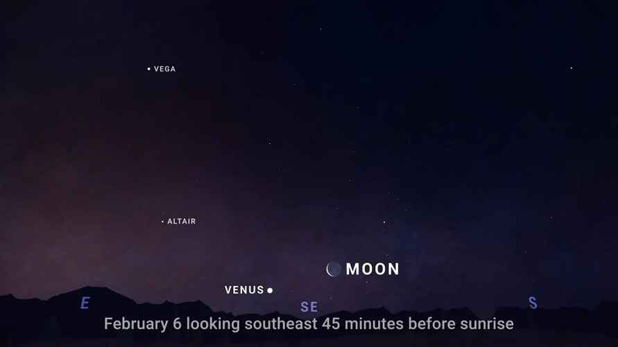 Карта неба, показывающая Венеру с Луной утром 6 февраля, за 45 минут до восхода солнца.