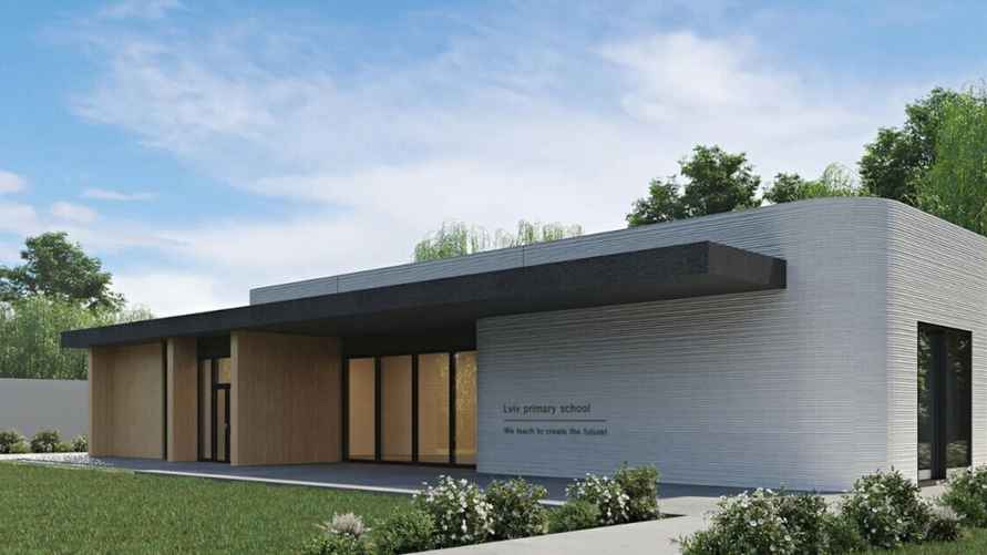 Цифровая визуализация строящегося в настоящее время в Украине с помощью 3D-печати здания, в котором будут размещены четыре классные комнаты для учащихся начальной школы во Львове.