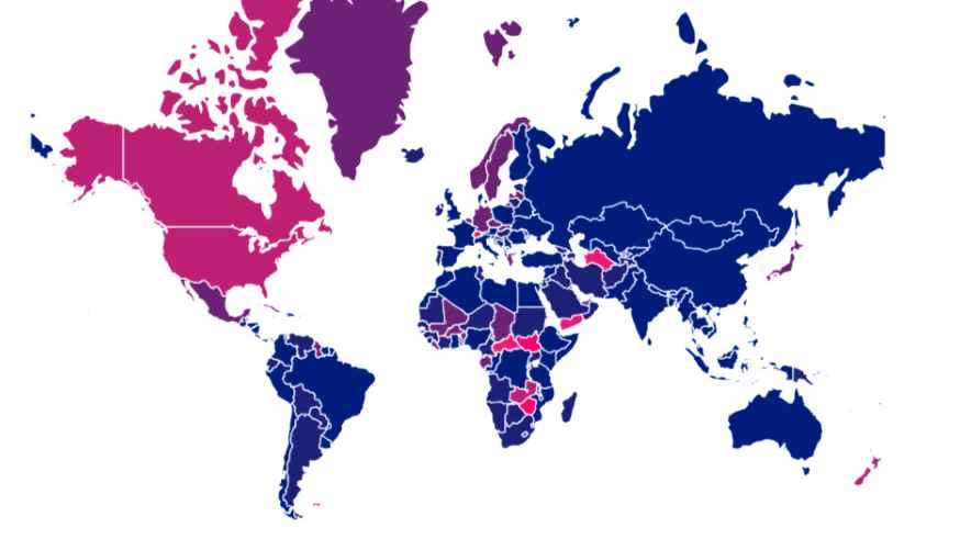 Страны с самым дешёвым Интернетом указаны синим цветом, а с самым дорогим — розовым