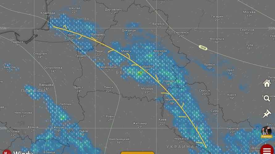 Маршрут движения грозового фронта 18 мая