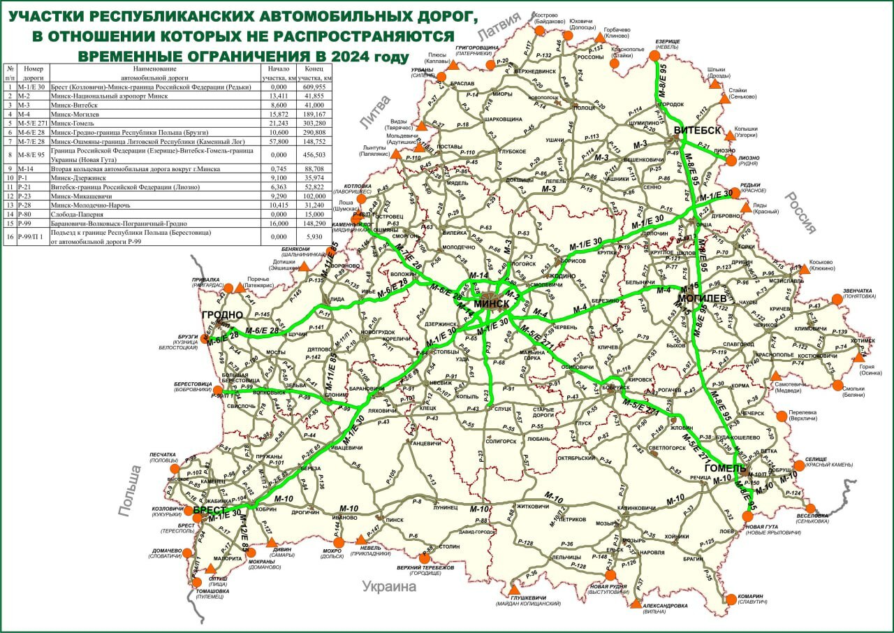 На дорогах, ведущих к двум КПП на границе Беларуси с ЕС, ввели ограничения для грузовиков. Минтранс опубликовал карту