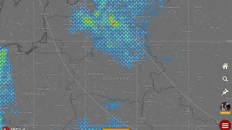Грозовая активность в Беларуси 28 мая по данным сервиса Windy.com