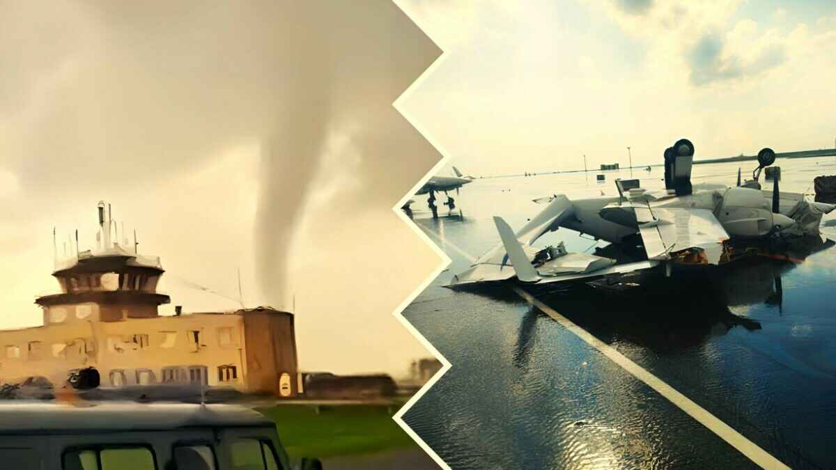 На видео попало, как в российском Нижнекамске смерч разбросал самолёты по аэропорту