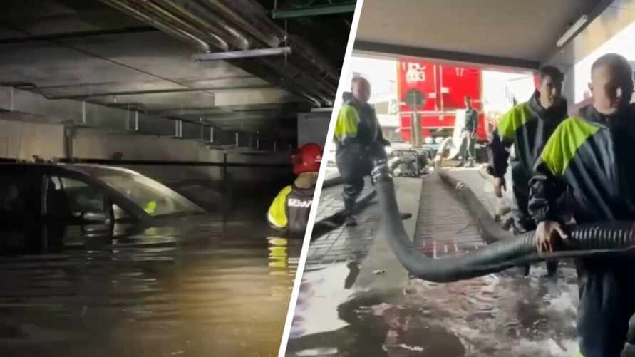 "Утонуло" 14 авто. В МЧС показали, как спасатели откачивают воду из подземного паркинга в Минске