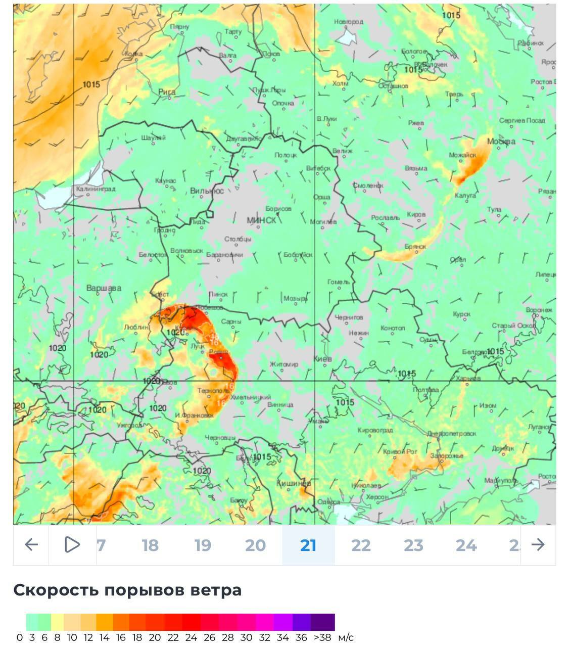 Синоптики продлили оранжевый уровень опасности в Беларуси ещё на день. Где ждать ветра до 72 км/ч?