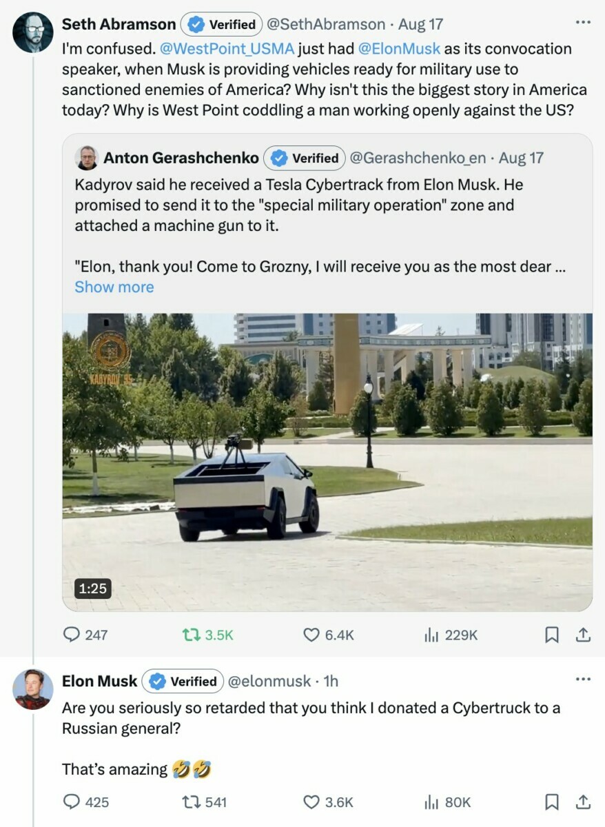 "Это потрясающе" — Илон Маск ответил, дарил ли Кадырову Tesla Cybertruck с пулеметом на крыше