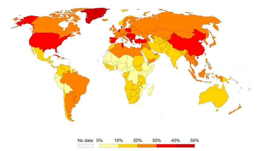 Карта сравнения количества смертей, связанных с курением табака в разных странах мира, 2020 год