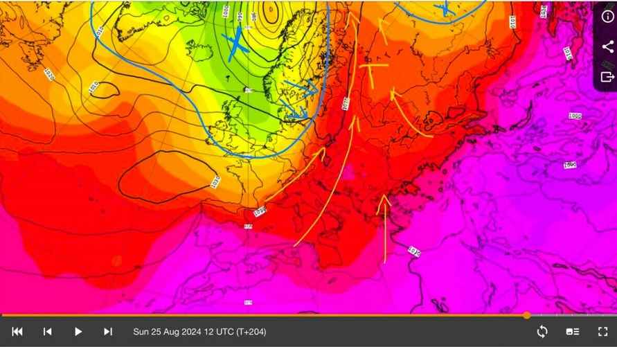 Карта относительной топографии, где показана средняя температура нижнего слоя тропосферы от земли до ~6 км.