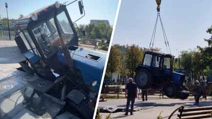 В парке Солигорска трактор провалился в сухой фонтан