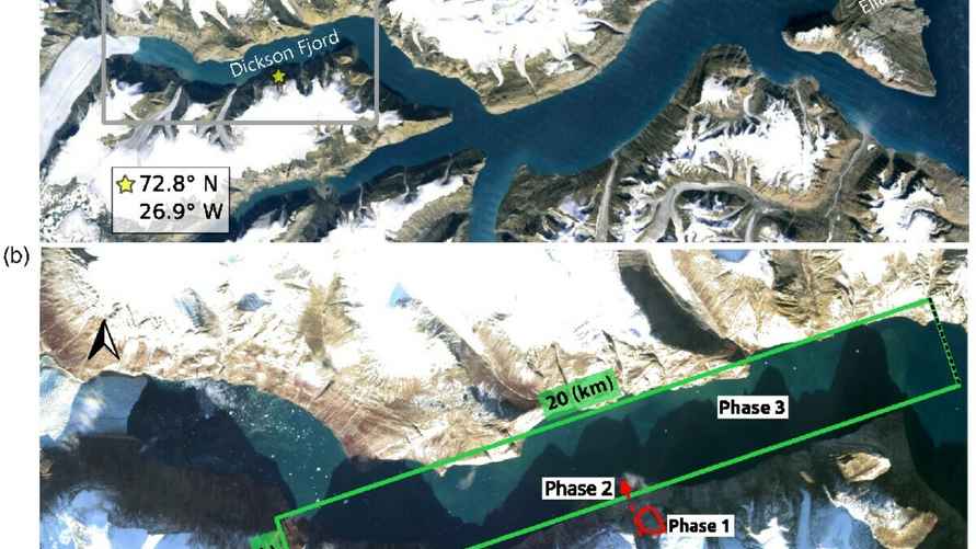 Аэрофотоснимок исследуемого региона. (a) Местоположение оползня (желтая звезда) на южном берегу фьорда Диксон. Волна цунами была обнаружена на острове Элла, примерно в 60 км к востоку от места оползня (Изображение: Google Earth Pro, Изображение Landsat/Copernicus).