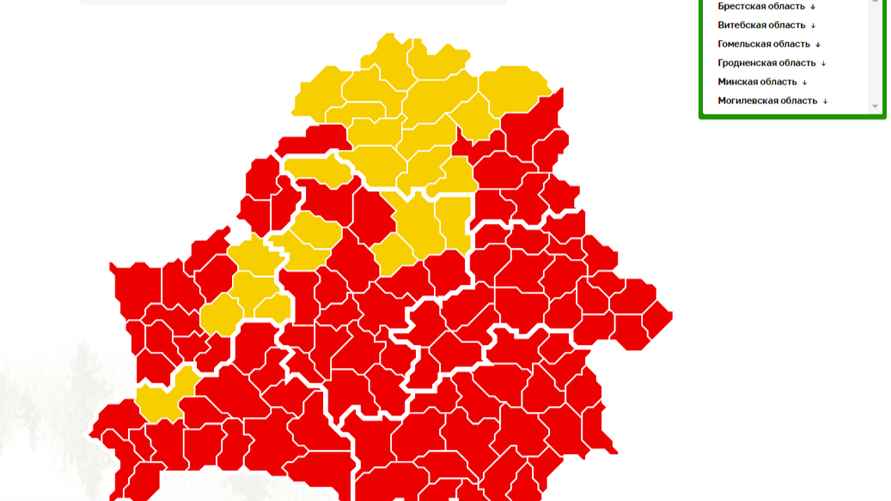 Карта ограничений и запретов на посещение лесов Минлесхоза Беларуси: красным обозначен полный запрет, жёлтым — ограничения, зелёным — свободное посещение леса