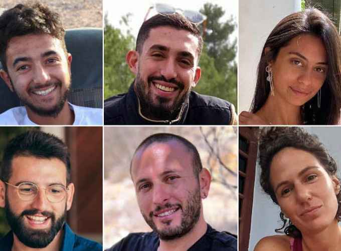 Фото заложников, тела которых обнаружили в туннелях Рафаха: слева направо, вверху — Херш Голдберг-Полин, Ори Данино, Эден Йерушалми; внизу — Альмог Саруси, Александр Лобанов и Кармель Гат / AP