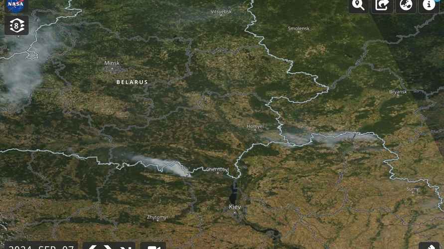 Спутниковый снимок дымных облаков над Беларусью 7 сентября 2024 года