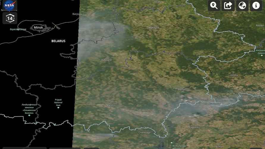 Спутниковый снимок дымных облаков над Беларусью 8 сентября 2024 года