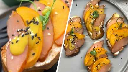 Эта новогодняя брускетта с хурмой потеснит обычные бутерброды. Как приготовить полные тарелки закуски за 10 минут?