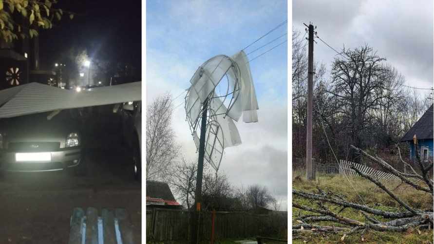 Улетевшие теплицы, повреждённые авто и тысячи домов без света. МЧС Беларуси и энергетики показали последствия сильного ветра