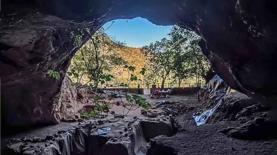 Вид на ландшафт изнутри пещеры в Марокко, которую раскапывают археологи. На переднем плане видны траншеи, за ними - несколько деревьев и склон холма с растительностью.