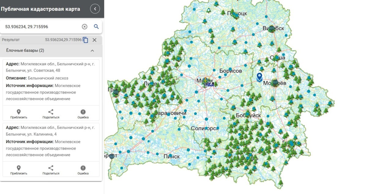 Кадастровое агентство собрало адреса елочных базаров Беларуси на одной карте