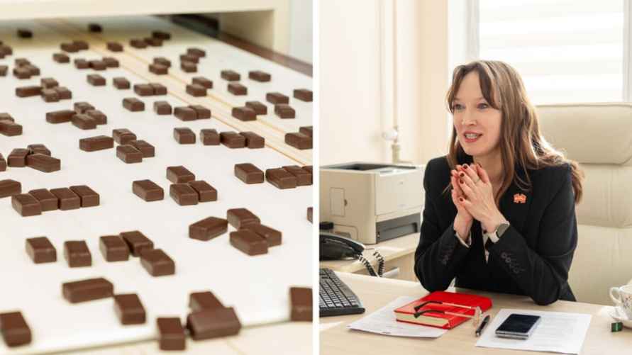 Начальник управления по качеству СОАО «Коммунарка» Анна Козырь и процесс производства конфет на фабрике. Фото Telegraf.news