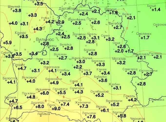 Температурный режим в Беларуси вчера, 7 января. В Пинске — новый суточный рекорд. Фото: t.me/meteovibe