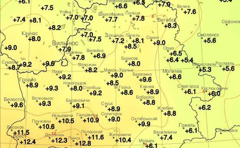 Карта максимальной температуры воздуха с 09:00 до 21:00 27 января