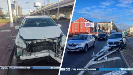 В Минске из-за солнца одна машина врезалась в столб, а вторая протаранила светофор