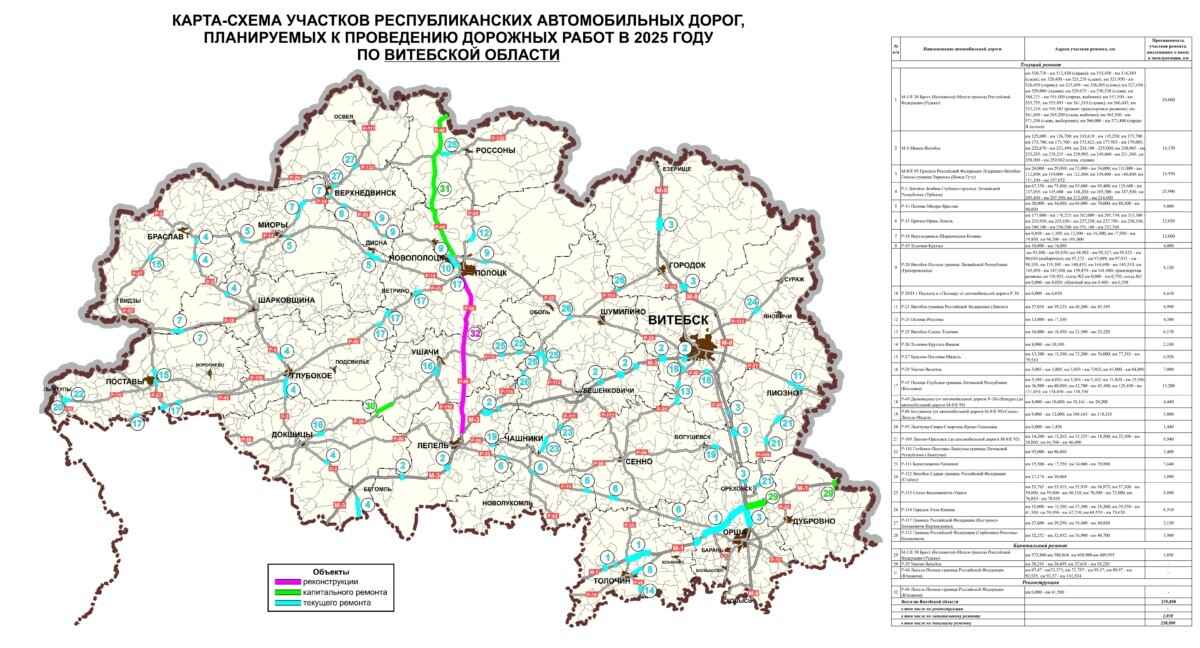 Минтранс Беларуси опубликовал карты дорог, которые планируют ремонтировать в 2025 году