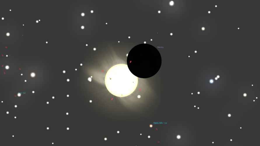 Расположение Луны и Солнца для наблюдателя из Минска в момент затмения 29 марта