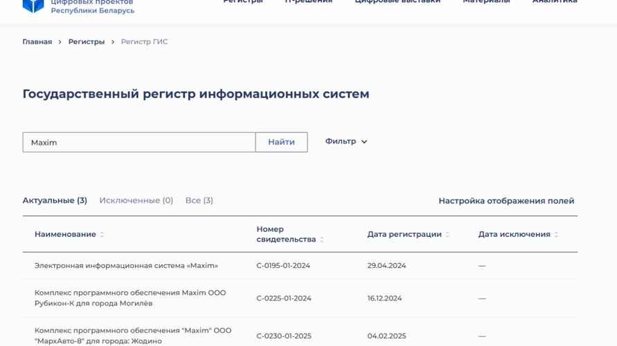 Скриншот с сайта Госрегистра информационных систем
