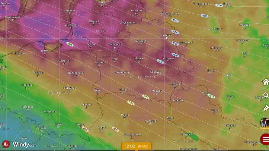 Градиентная зона, в которой окажется Беларусь 4 марта: чем плотнее расположены изобары, тем больше градиент давления, а значит, тем сильнее будет ветер.