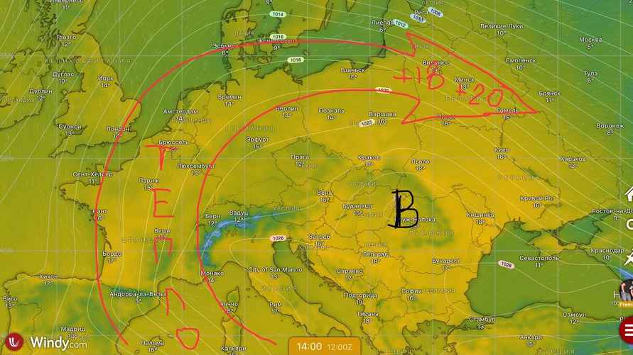Приход теплой тропической воздушной массы в Беларусь / Скриншот: Telegram-канал Nadvorie