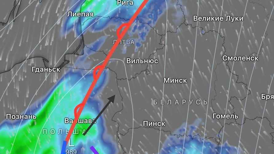 Беларусь в теплом секторе циклона 13 марта / Скриншот: Telegram-канал "Метеовайб"